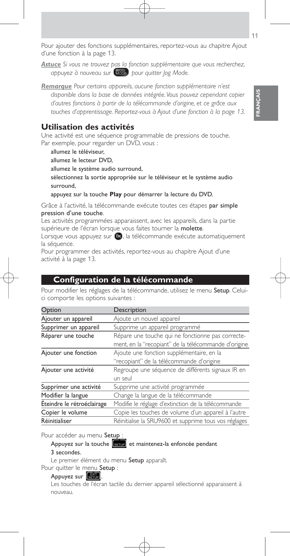 Utilisation des activités, Configuration de la télécommande | Philips Prestigo Mando a distancia universal User Manual | Page 11 / 84