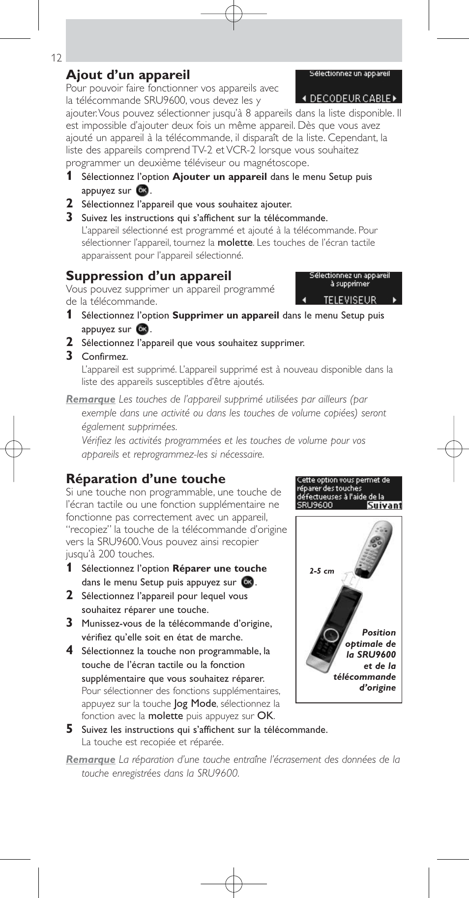 Ajout d’un appareil, Suppression d’un appareil, Réparation d’une touche | Philips Prestigo Mando a distancia universal User Manual | Page 12 / 84