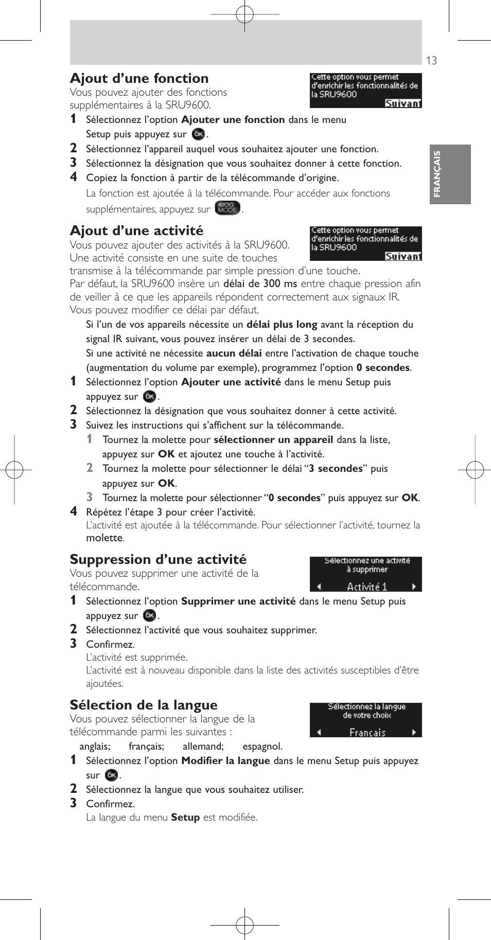 Ajout d’une fonction, Ajout d’une activité, Suppression d’une activité | Sélection de la langue | Philips Prestigo Mando a distancia universal User Manual | Page 13 / 84