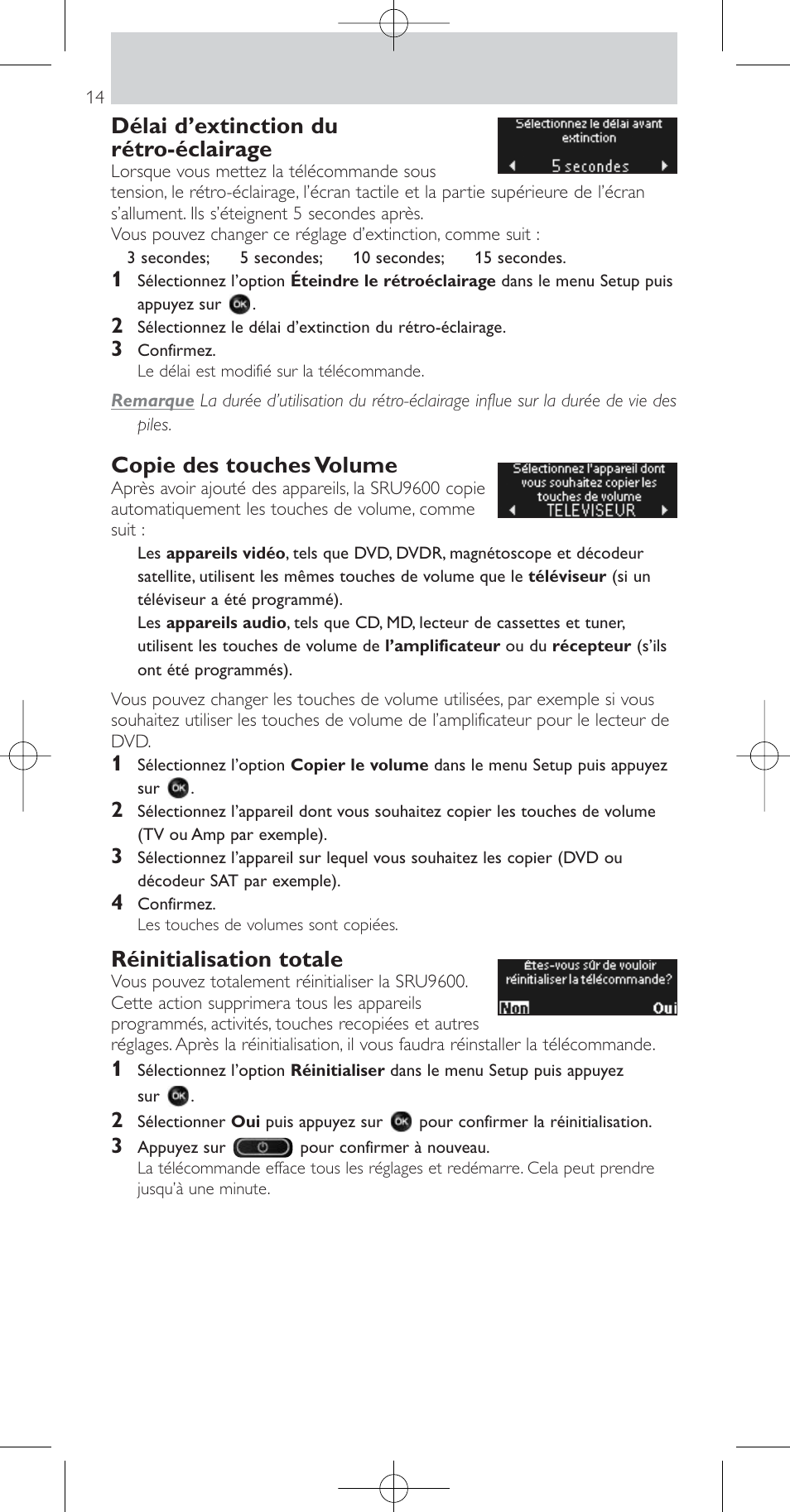 Délai d’extinction du rétro-éclairage, Copie des touches volume, Réinitialisation totale | Philips Prestigo Mando a distancia universal User Manual | Page 14 / 84