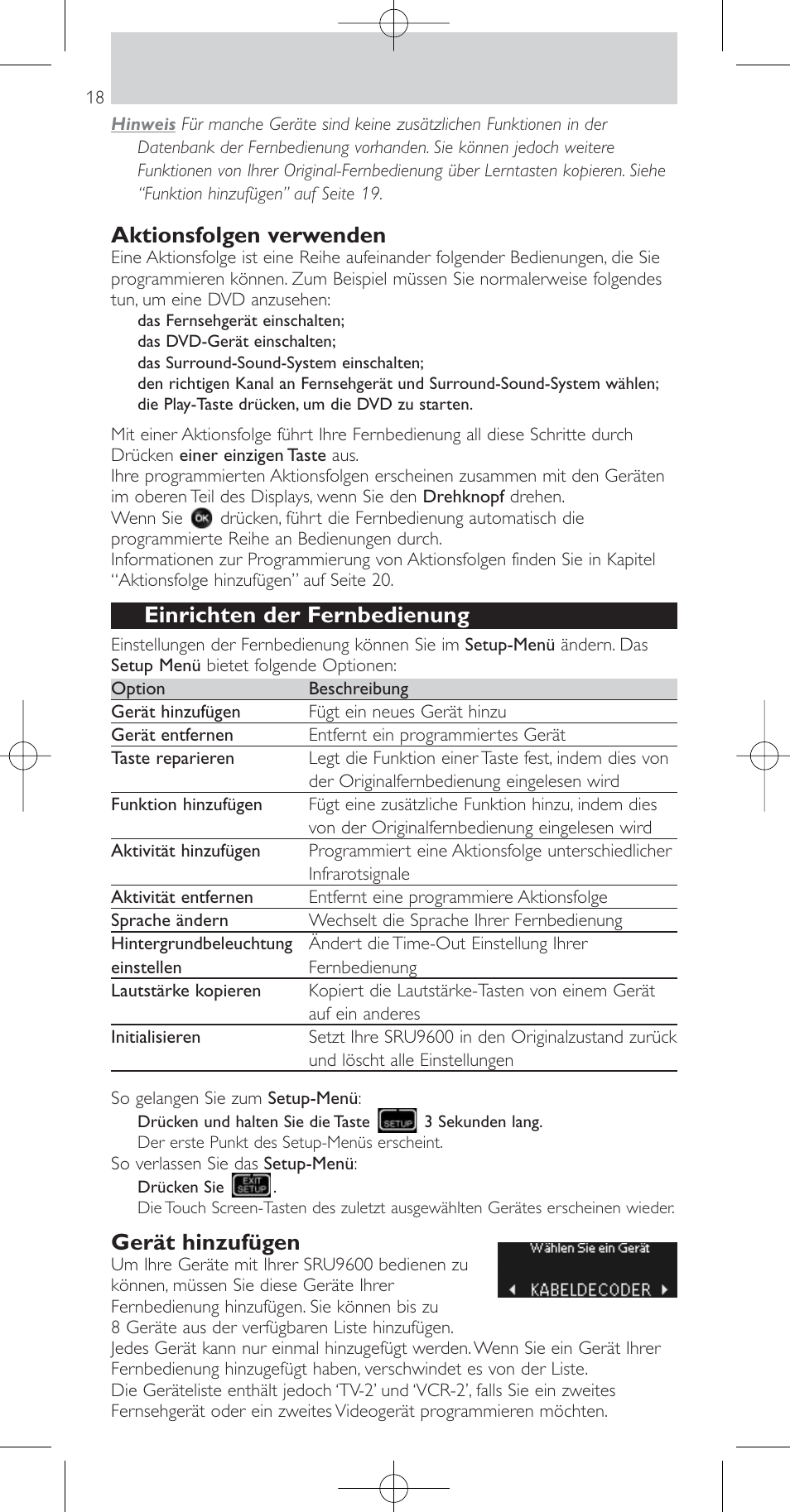 Aktionsfolgen verwenden, Einrichten der fernbedienung, Gerät hinzufügen | Philips Prestigo Mando a distancia universal User Manual | Page 18 / 84