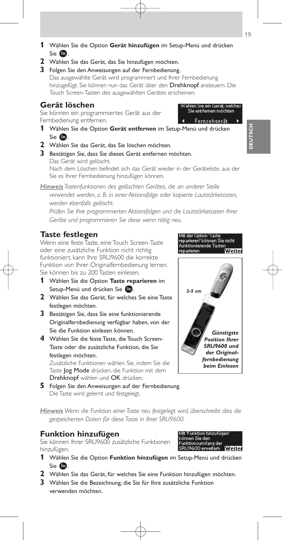 Gerät löschen, Taste festlegen, Funktion hinzufügen | Philips Prestigo Mando a distancia universal User Manual | Page 19 / 84