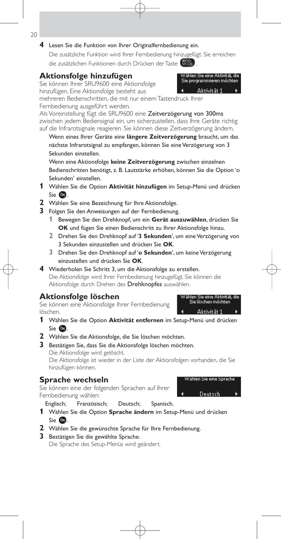 Aktionsfolge hinzufügen, Aktionsfolge löschen, Sprache wechseln | Philips Prestigo Mando a distancia universal User Manual | Page 20 / 84