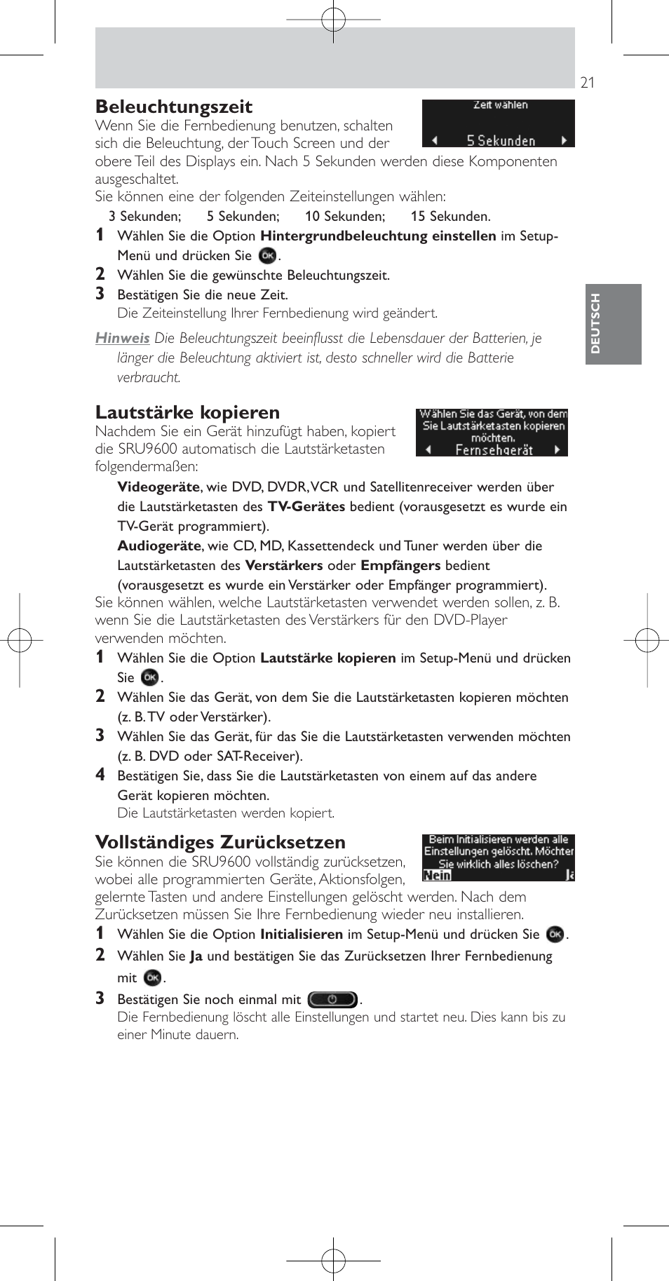 Beleuchtungszeit, Lautstärke kopieren, Vollständiges zurücksetzen | Philips Prestigo Mando a distancia universal User Manual | Page 21 / 84