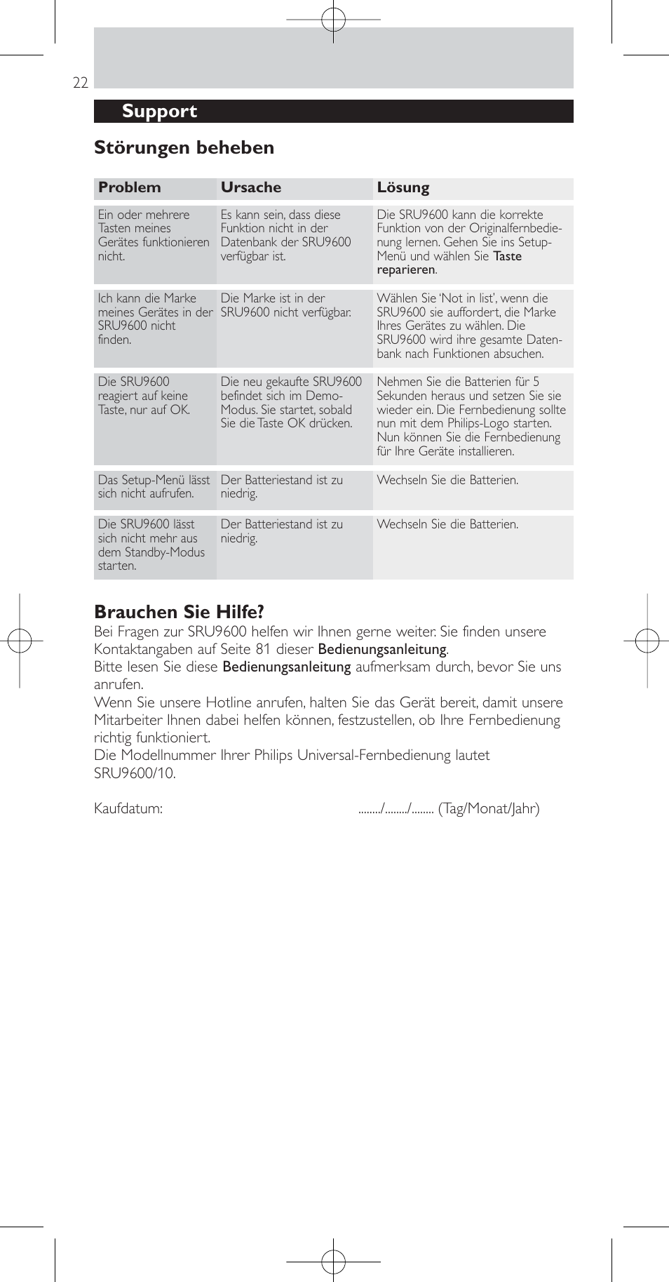 Support störungen beheben, Brauchen sie hilfe | Philips Prestigo Mando a distancia universal User Manual | Page 22 / 84