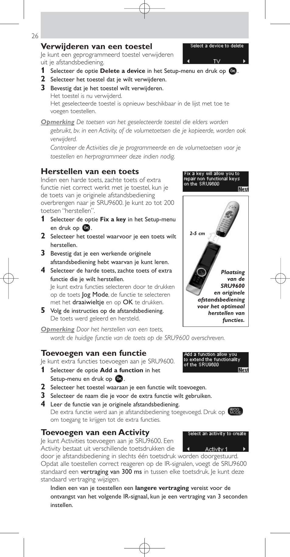 Verwijderen van een toestel, Herstellen van een toets, Toevoegen van een functie | Toevoegen van een activity | Philips Prestigo Mando a distancia universal User Manual | Page 26 / 84