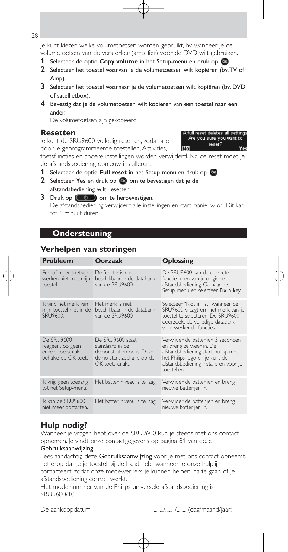 Resetten, Ondersteuning verhelpen van storingen, Hulp nodig | Philips Prestigo Mando a distancia universal User Manual | Page 28 / 84