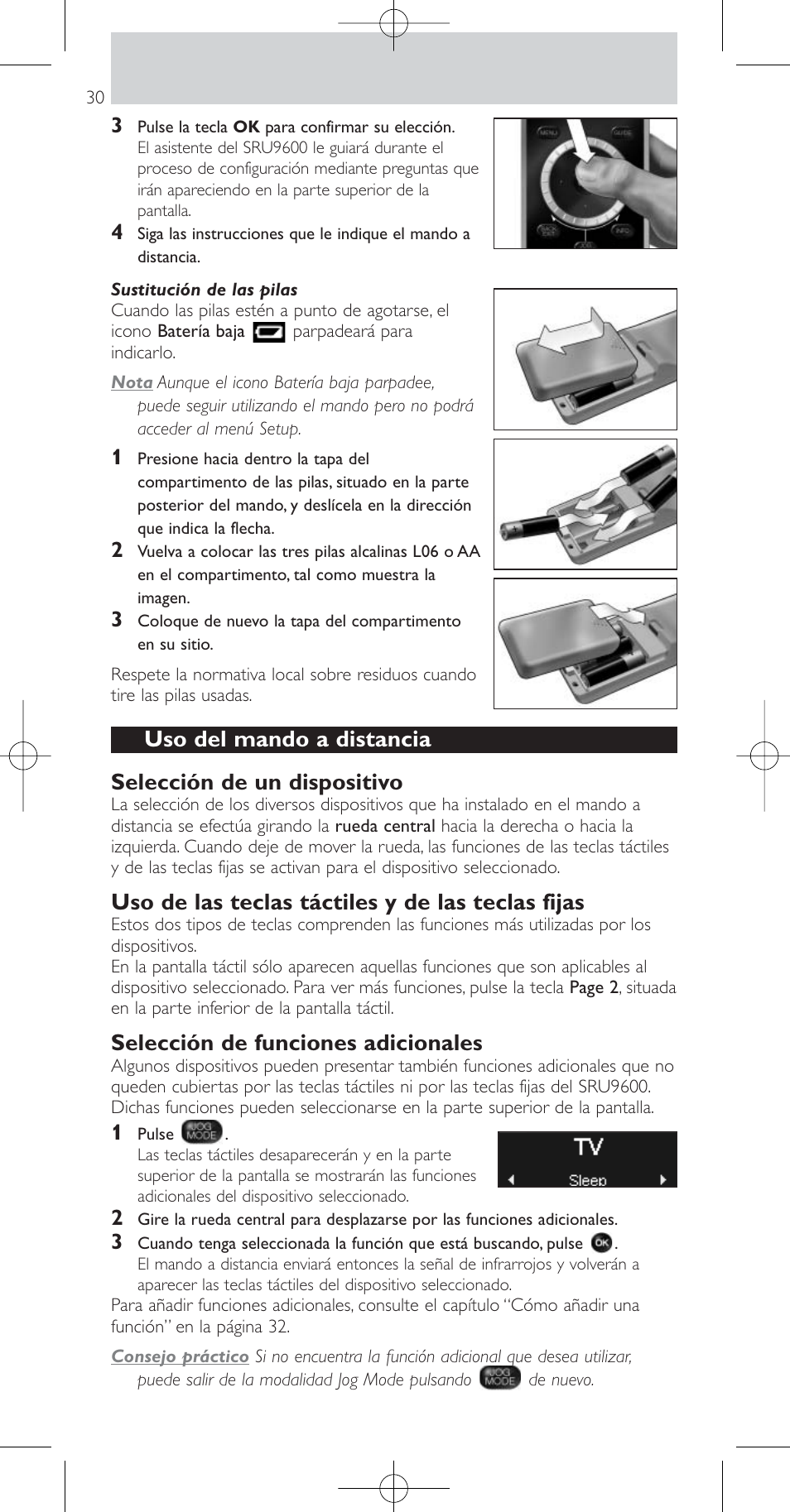 Uso de las teclas táctiles y de las teclas fijas, Selección de funciones adicionales | Philips Prestigo Mando a distancia universal User Manual | Page 30 / 84