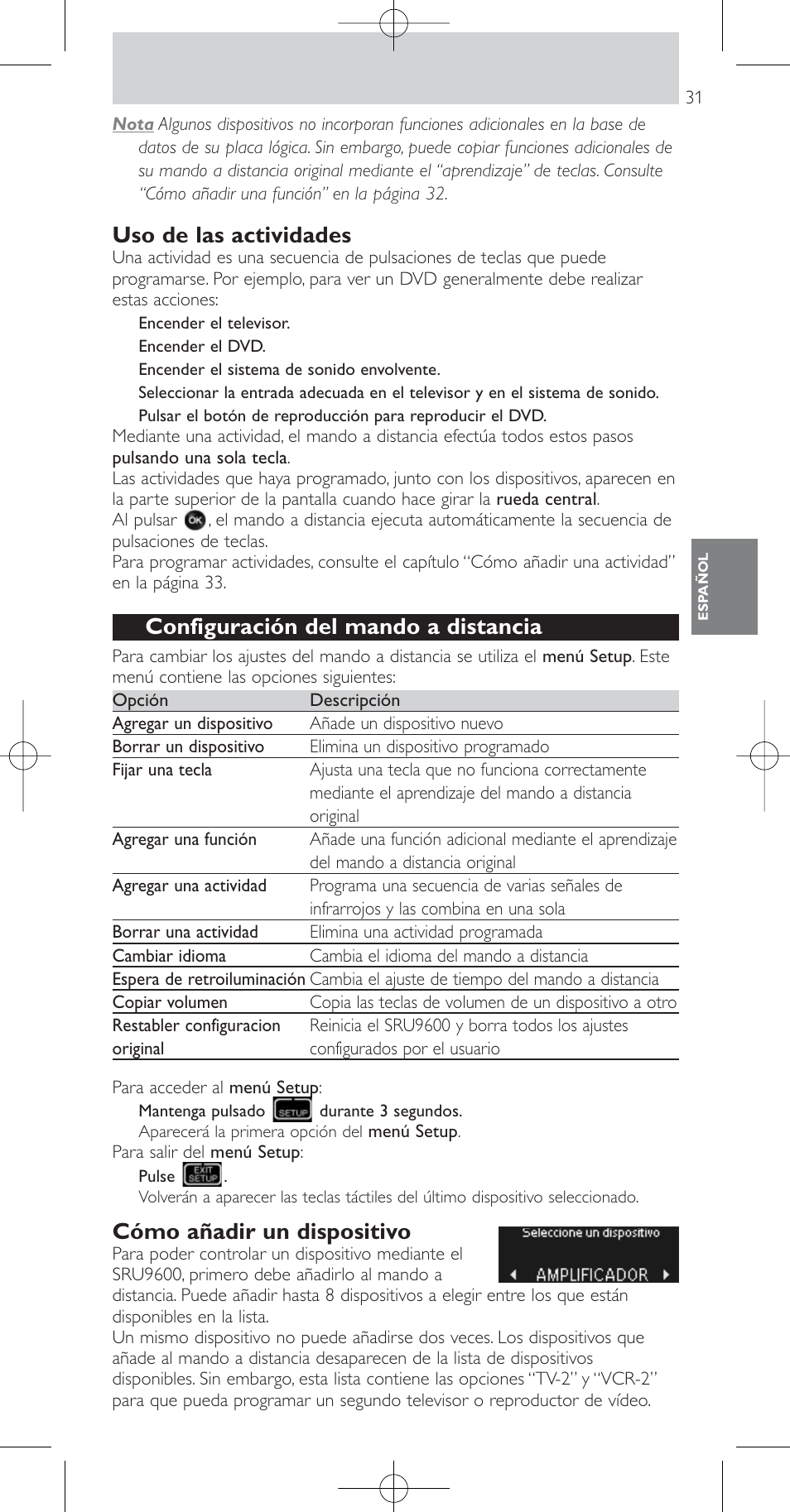 Uso de las actividades, Configuración del mando a distancia, Cómo añadir un dispositivo | Philips Prestigo Mando a distancia universal User Manual | Page 31 / 84