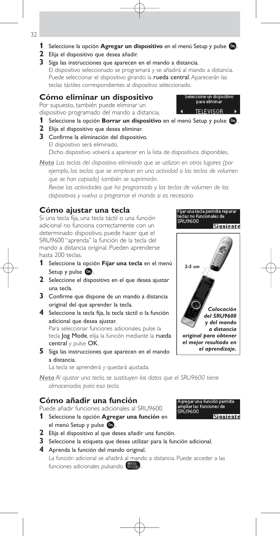 Cómo eliminar un dispositivo, Cómo ajustar una tecla, Cómo añadir una función | Philips Prestigo Mando a distancia universal User Manual | Page 32 / 84