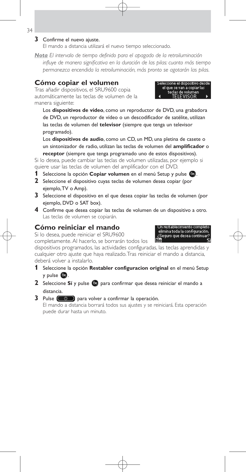 Cómo copiar el volumen, Cómo reiniciar el mando | Philips Prestigo Mando a distancia universal User Manual | Page 34 / 84