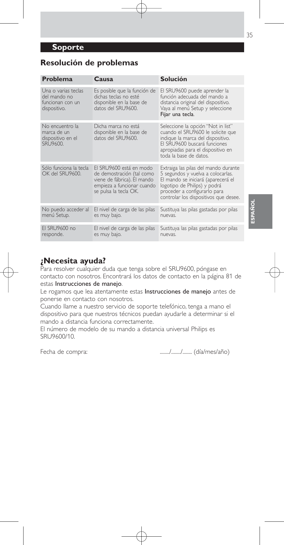 Necesita ayuda, Soporte resolución de problemas | Philips Prestigo Mando a distancia universal User Manual | Page 35 / 84