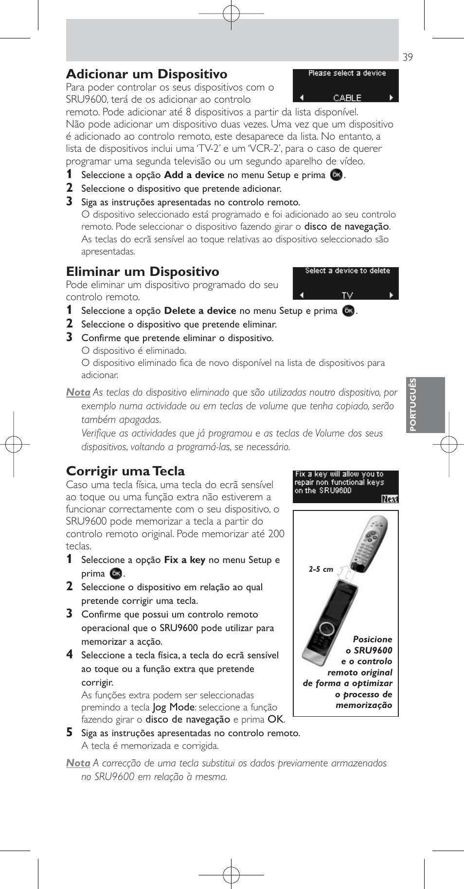 Adicionar um dispositivo, Eliminar um dispositivo, Corrigir uma tecla | Philips Prestigo Mando a distancia universal User Manual | Page 39 / 84