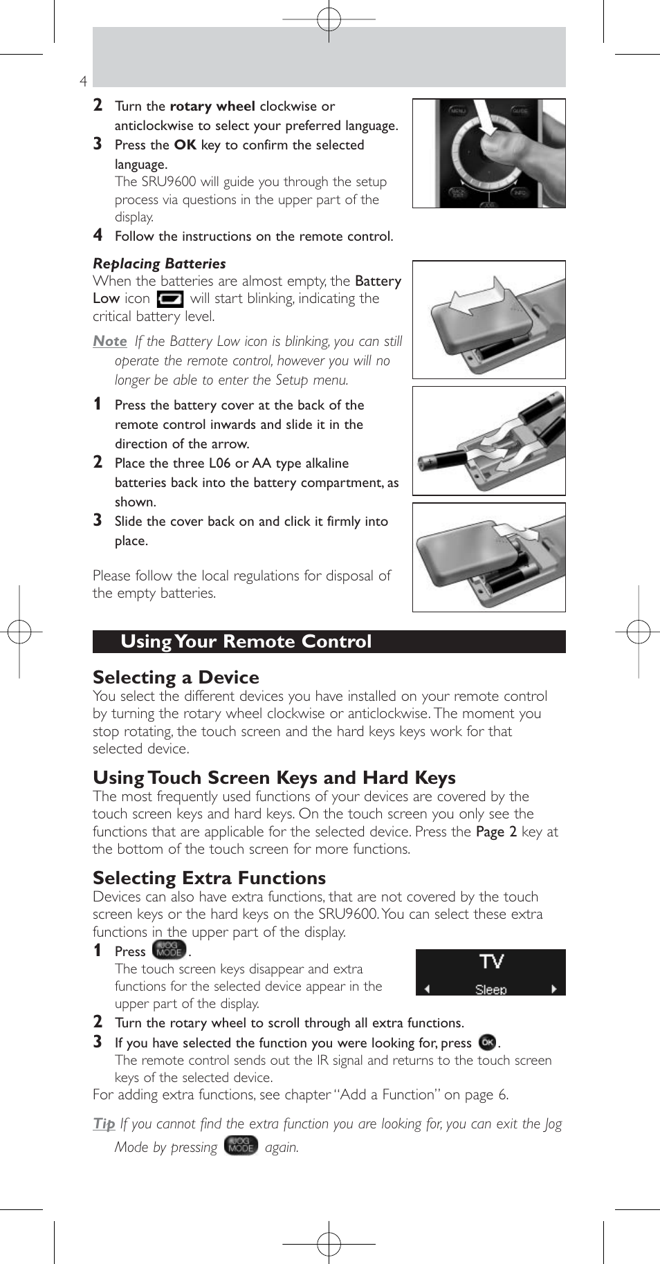 Using your remote control selecting a device, Using touch screen keys and hard keys, Selecting extra functions | Philips Prestigo Mando a distancia universal User Manual | Page 4 / 84