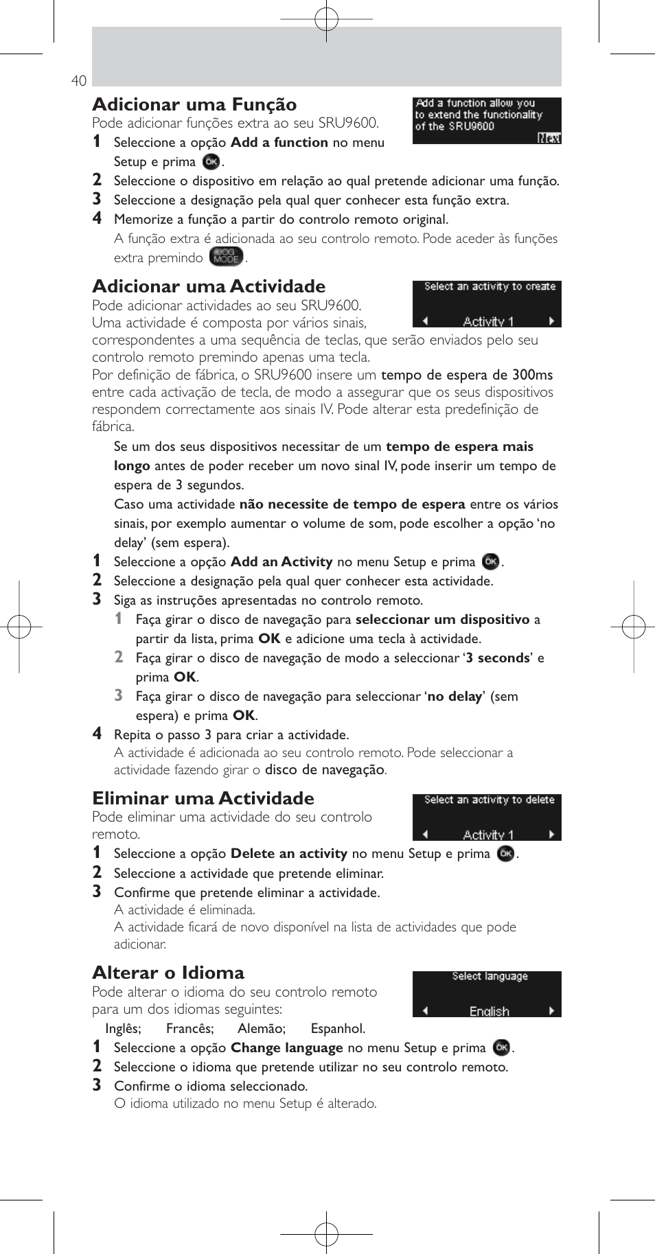 Adicionar uma função, Adicionar uma actividade, Eliminar uma actividade | Alterar o idioma | Philips Prestigo Mando a distancia universal User Manual | Page 40 / 84