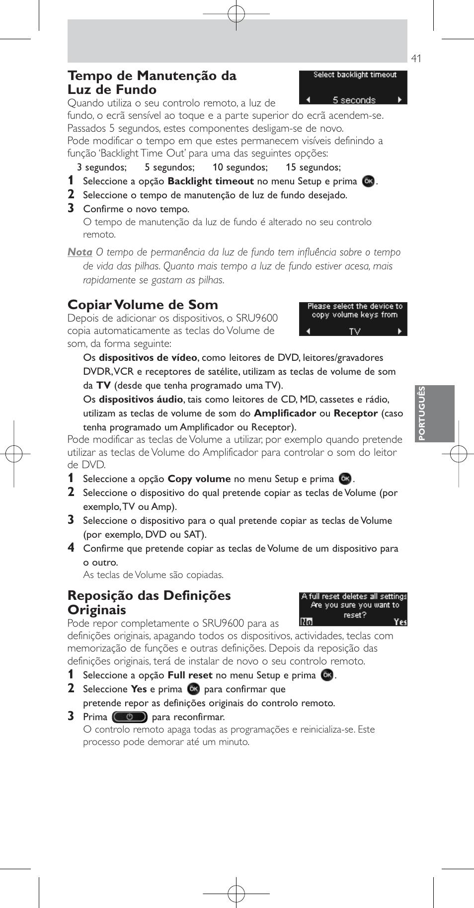 Tempo de manutenção da luz de fundo, Copiar volume de som, Reposição das definições originais | Philips Prestigo Mando a distancia universal User Manual | Page 41 / 84