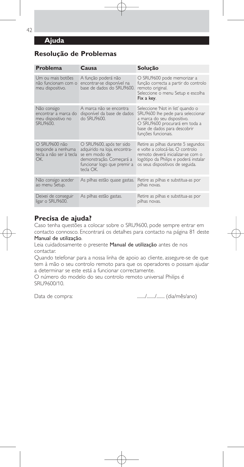 Ajuda resolução de problemas, Precisa de ajuda | Philips Prestigo Mando a distancia universal User Manual | Page 42 / 84