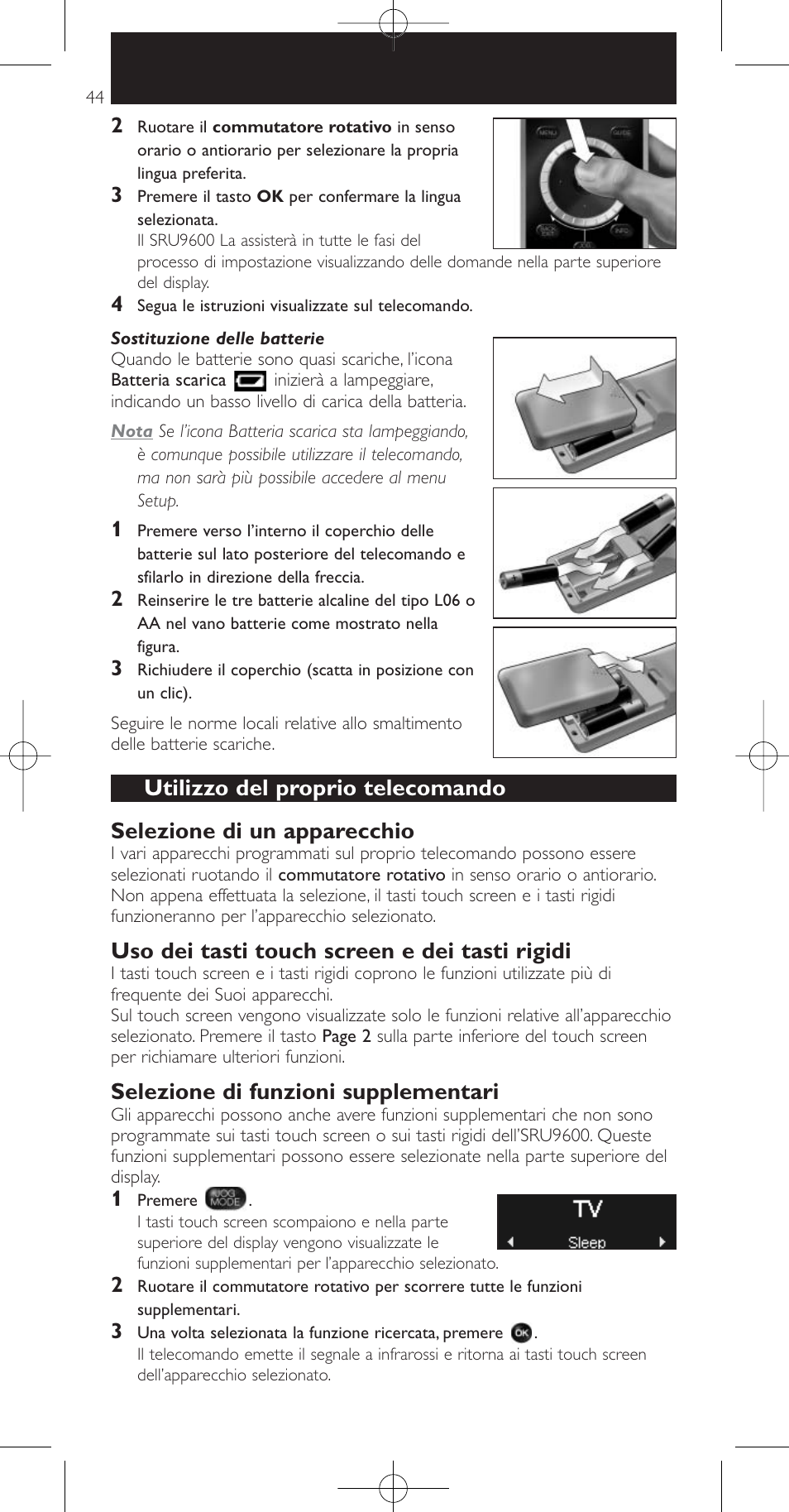 Uso dei tasti touch screen e dei tasti rigidi, Selezione di funzioni supplementari | Philips Prestigo Mando a distancia universal User Manual | Page 44 / 84