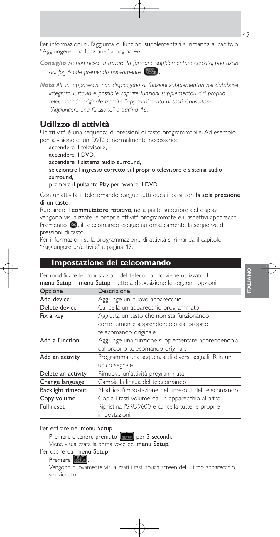 Utilizzo di attività, Impostazione del telecomando | Philips Prestigo Mando a distancia universal User Manual | Page 45 / 84