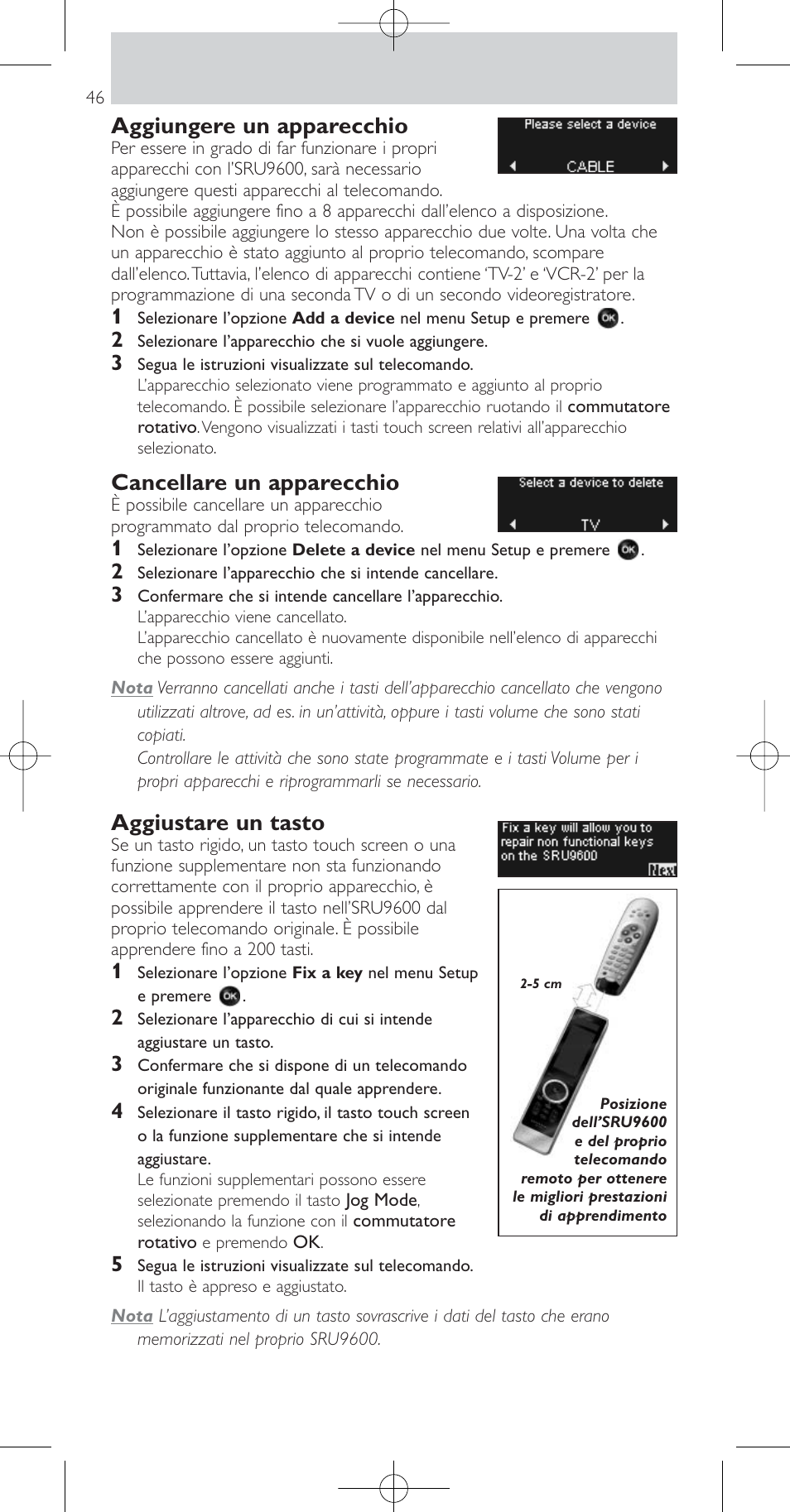 Aggiungere un apparecchio, Cancellare un apparecchio, Aggiustare un tasto | Philips Prestigo Mando a distancia universal User Manual | Page 46 / 84