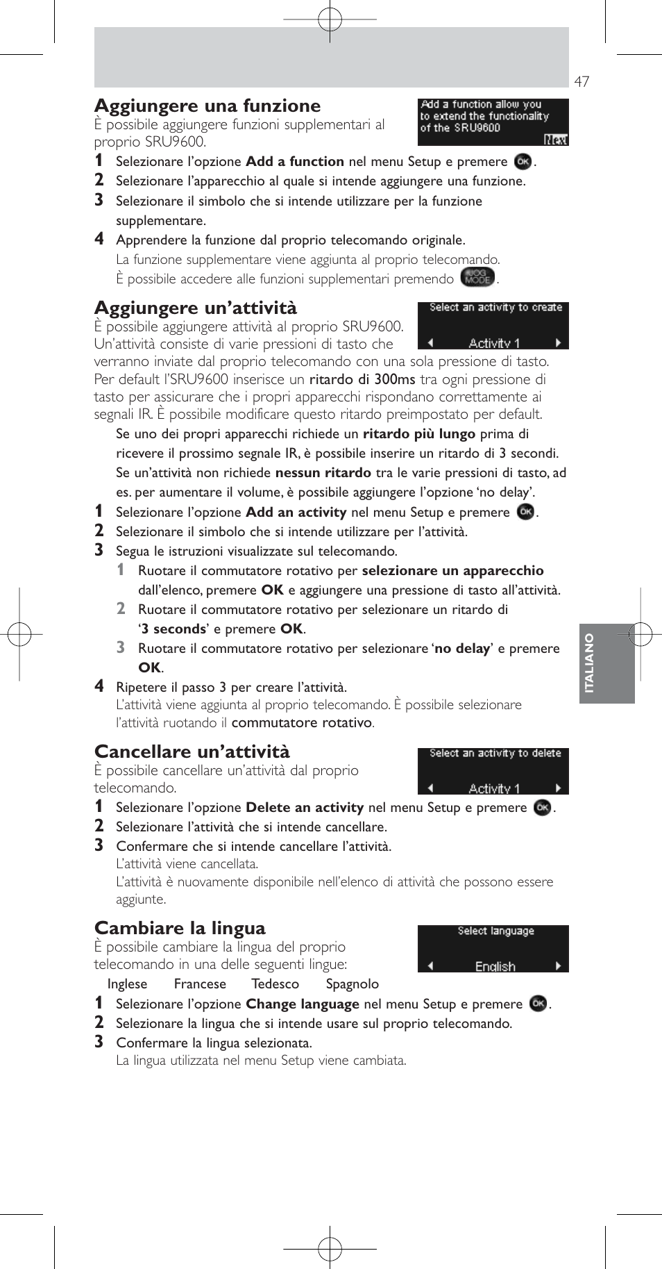 Aggiungere una funzione, Aggiungere un’attività, Cancellare un’attività | Cambiare la lingua | Philips Prestigo Mando a distancia universal User Manual | Page 47 / 84