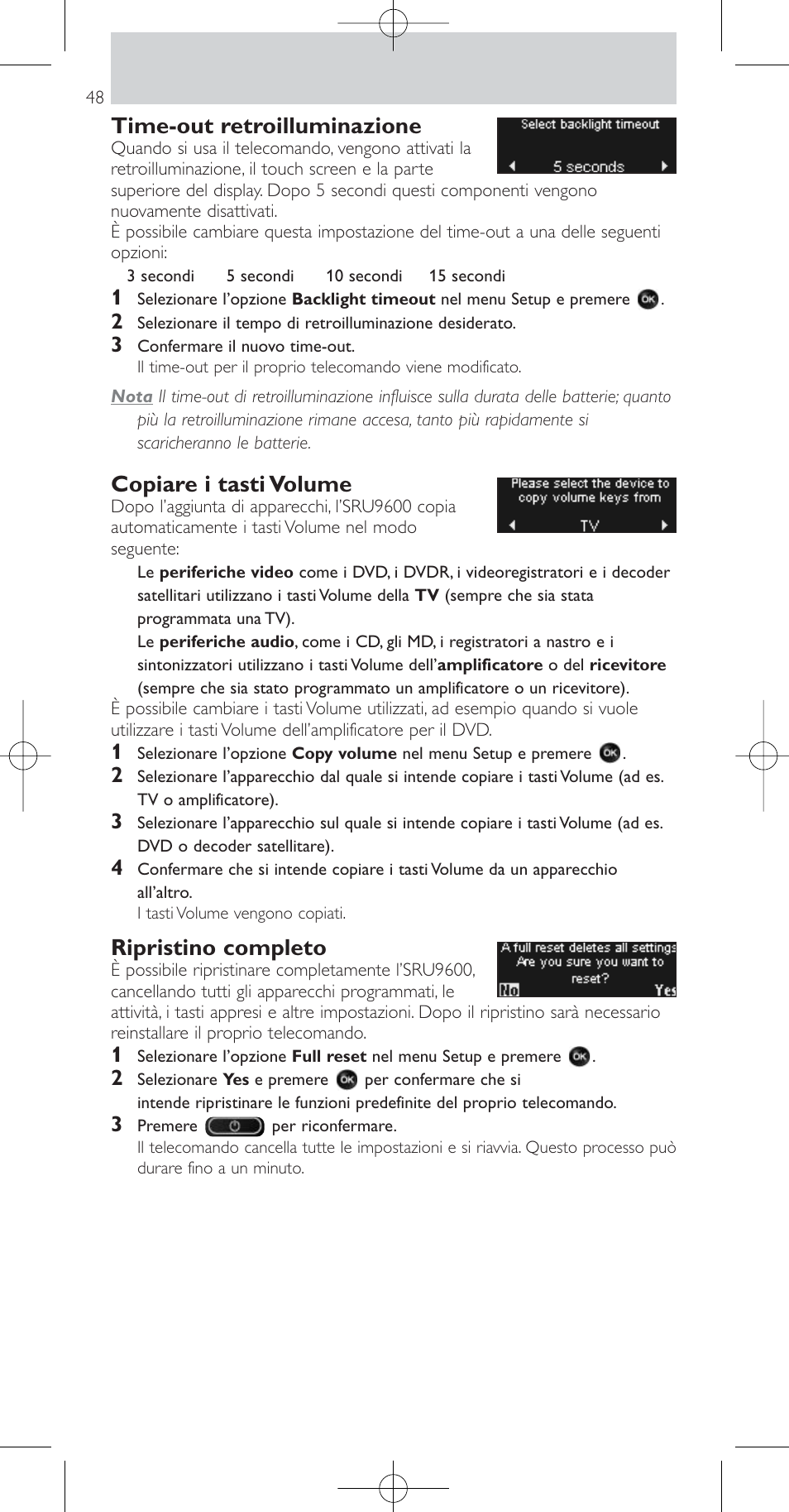 Time-out retroilluminazione, Copiare i tasti volume, Ripristino completo | Philips Prestigo Mando a distancia universal User Manual | Page 48 / 84