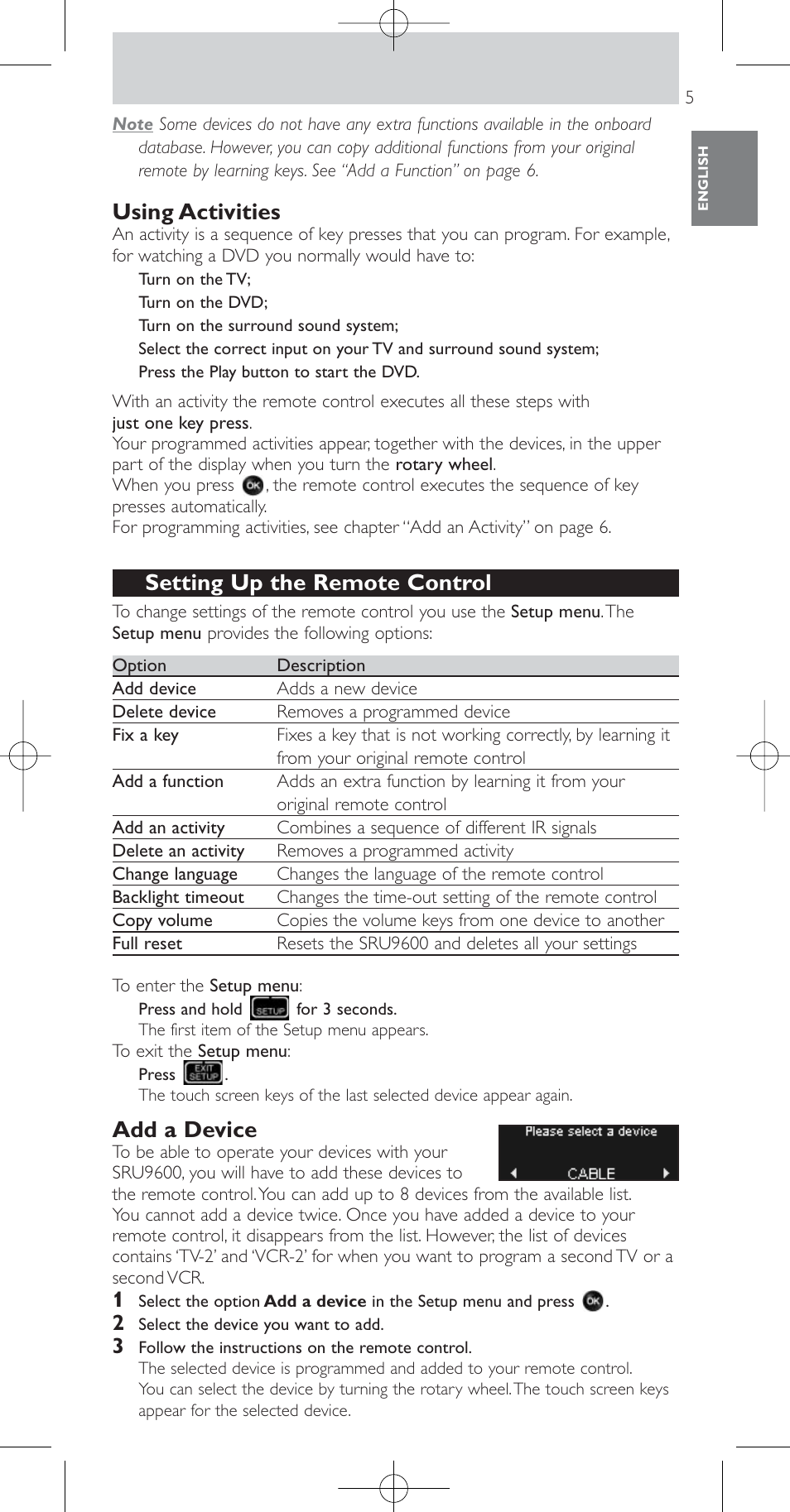 Using activities, Setting up the remote control, Add a device | Philips Prestigo Mando a distancia universal User Manual | Page 5 / 84