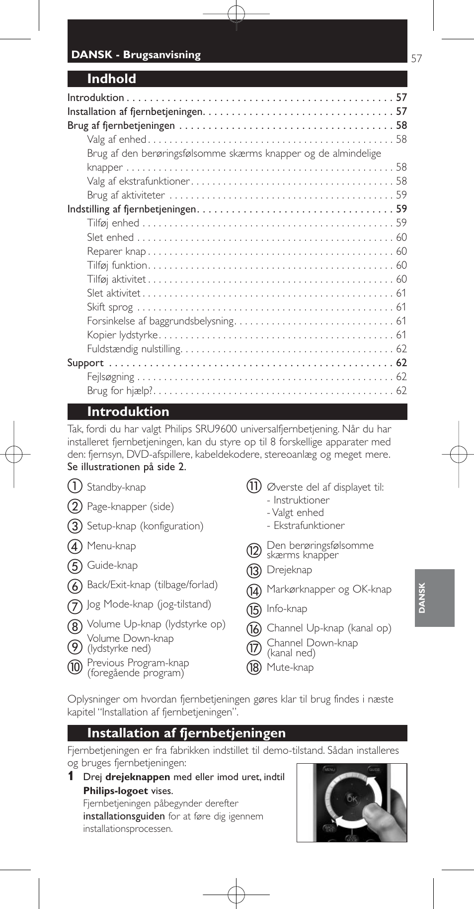 Indhold, Introduktion, Installation af fjernbetjeningen | Philips Prestigo Mando a distancia universal User Manual | Page 57 / 84