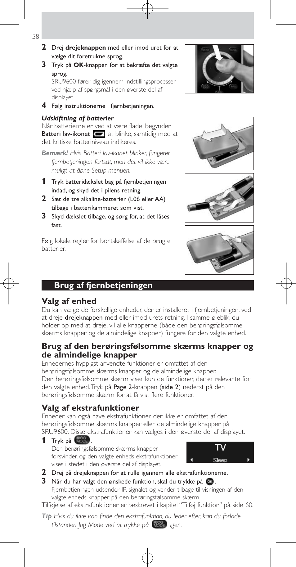 Brug af fjernbetjeningen valg af enhed, Valg af ekstrafunktioner | Philips Prestigo Mando a distancia universal User Manual | Page 58 / 84