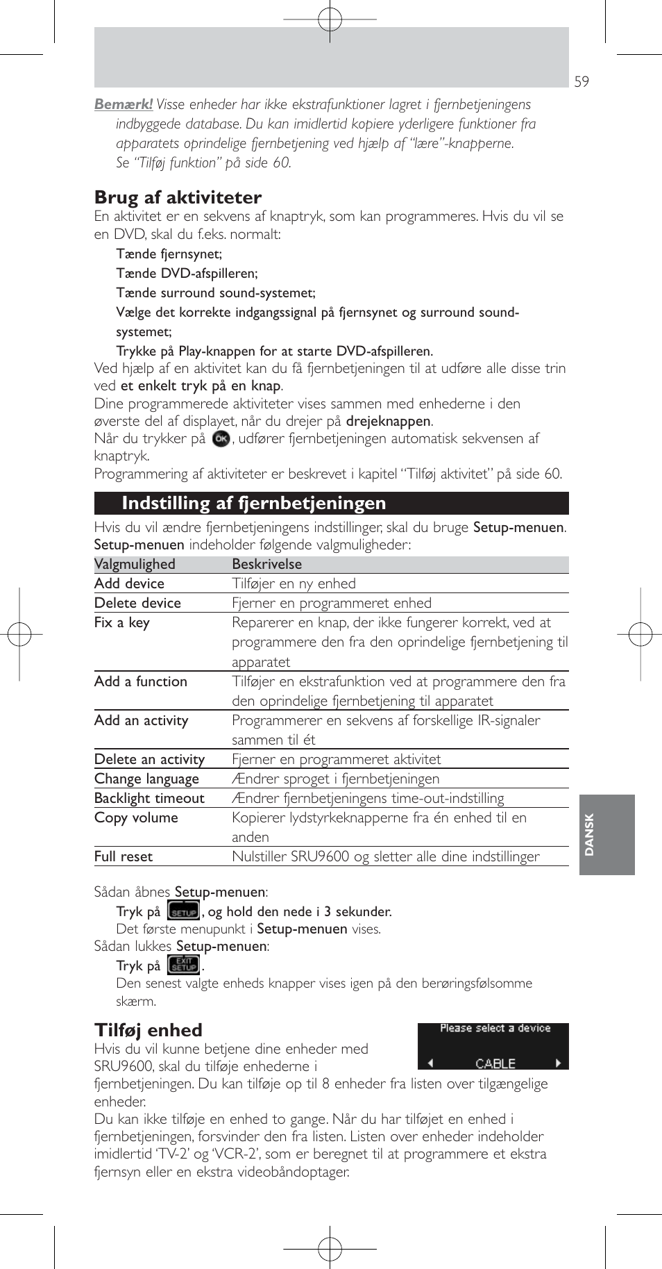 Brug af aktiviteter, Indstilling af fjernbetjeningen, Tilføj enhed | Philips Prestigo Mando a distancia universal User Manual | Page 59 / 84