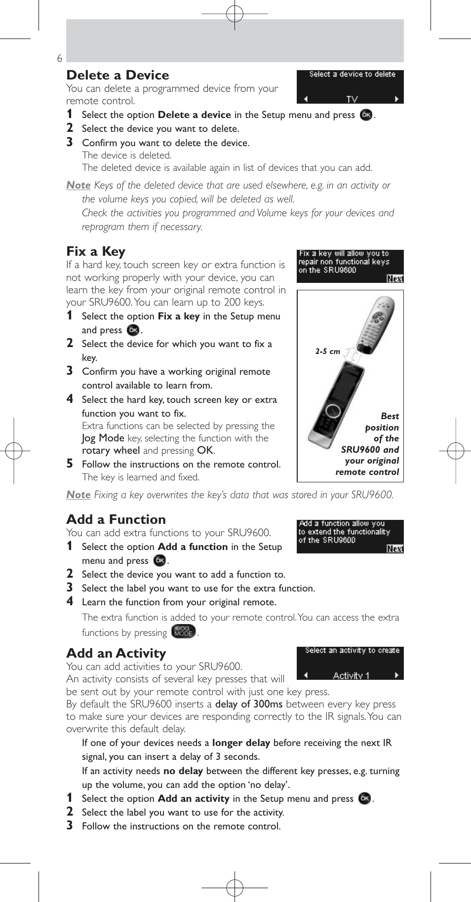 Delete a device, Fix a key, Add a function | Add an activity | Philips Prestigo Mando a distancia universal User Manual | Page 6 / 84