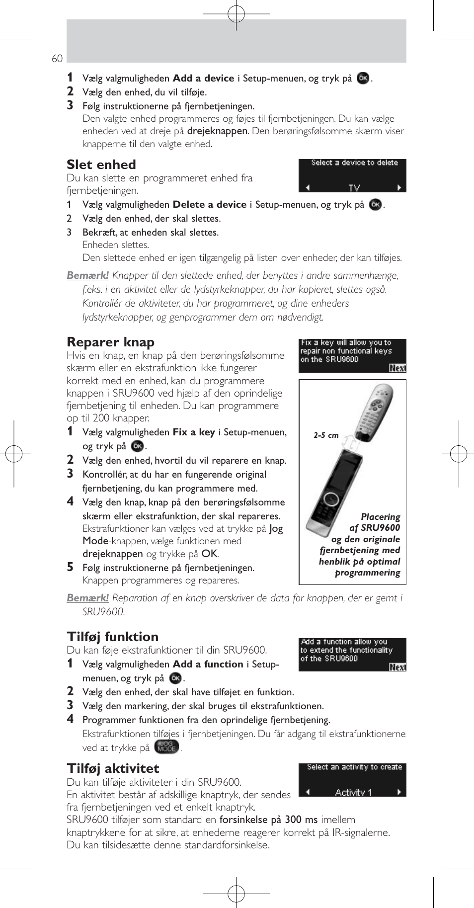 Slet enhed, Reparer knap, Tilføj funktion | Tilføj aktivitet | Philips Prestigo Mando a distancia universal User Manual | Page 60 / 84