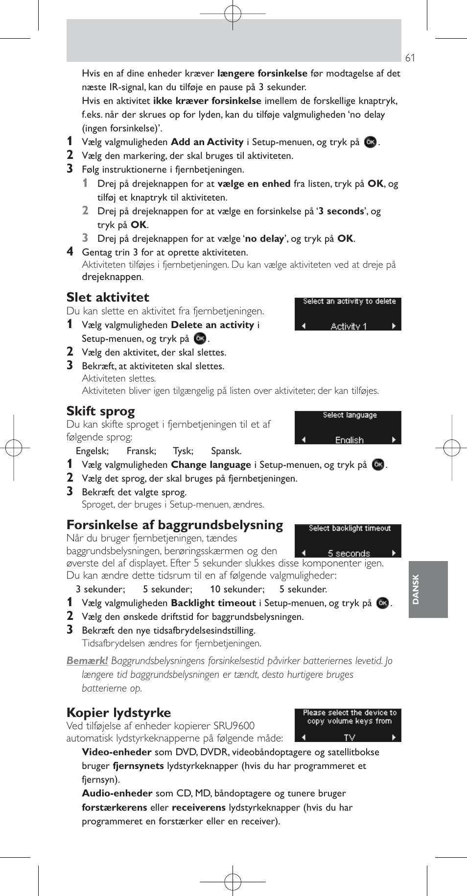 Slet aktivitet, Skift sprog, Forsinkelse af baggrundsbelysning | Kopier lydstyrke | Philips Prestigo Mando a distancia universal User Manual | Page 61 / 84