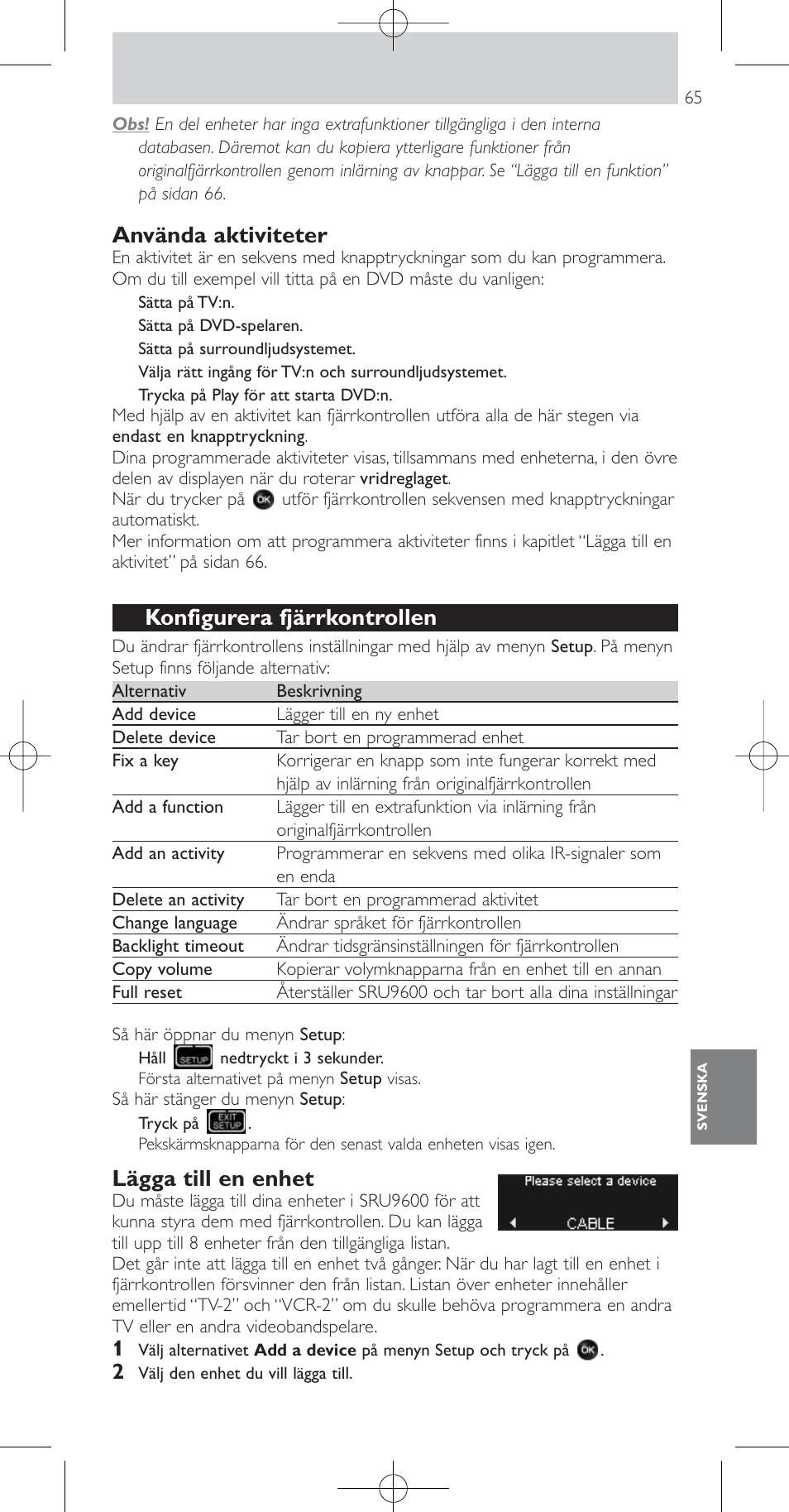 Använda aktiviteter, Konfigurera fjärrkontrollen, Lägga till en enhet | Philips Prestigo Mando a distancia universal User Manual | Page 65 / 84