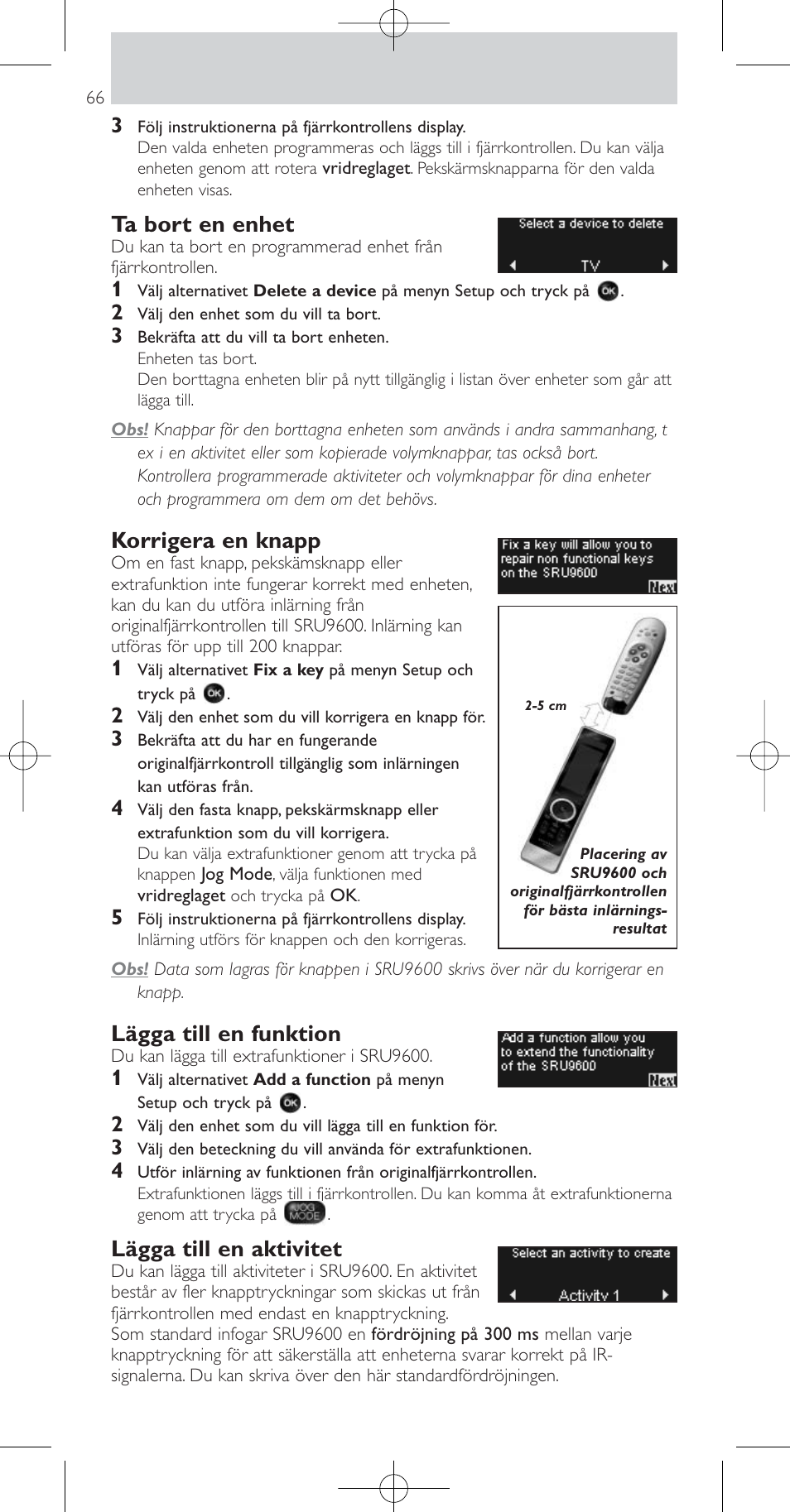 Ta bort en enhet, Korrigera en knapp, Lägga till en funktion | Lägga till en aktivitet | Philips Prestigo Mando a distancia universal User Manual | Page 66 / 84