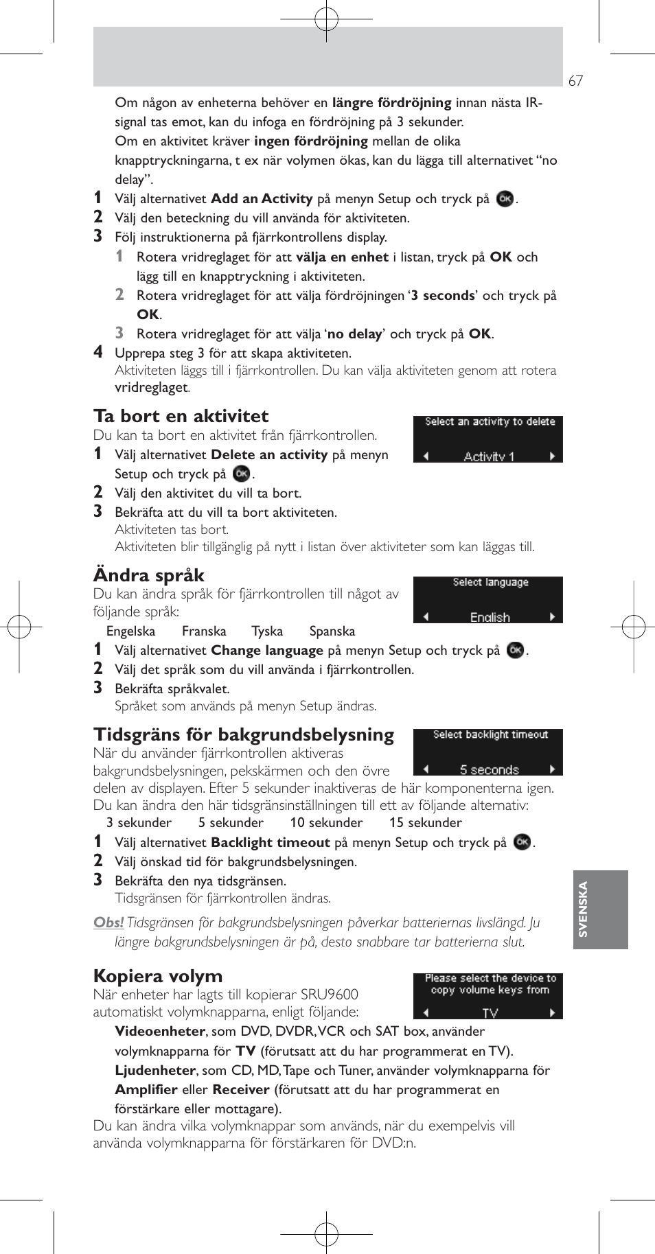 Ta bort en aktivitet, Ändra språk, Tidsgräns för bakgrundsbelysning | Kopiera volym | Philips Prestigo Mando a distancia universal User Manual | Page 67 / 84