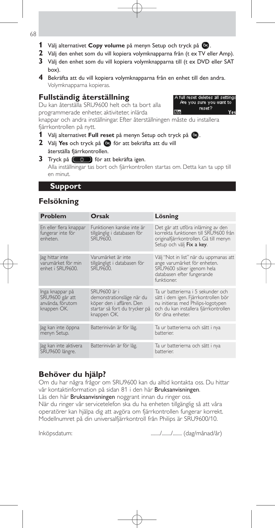 Fullständig återställning, Support felsökning, Behöver du hjälp | Philips Prestigo Mando a distancia universal User Manual | Page 68 / 84