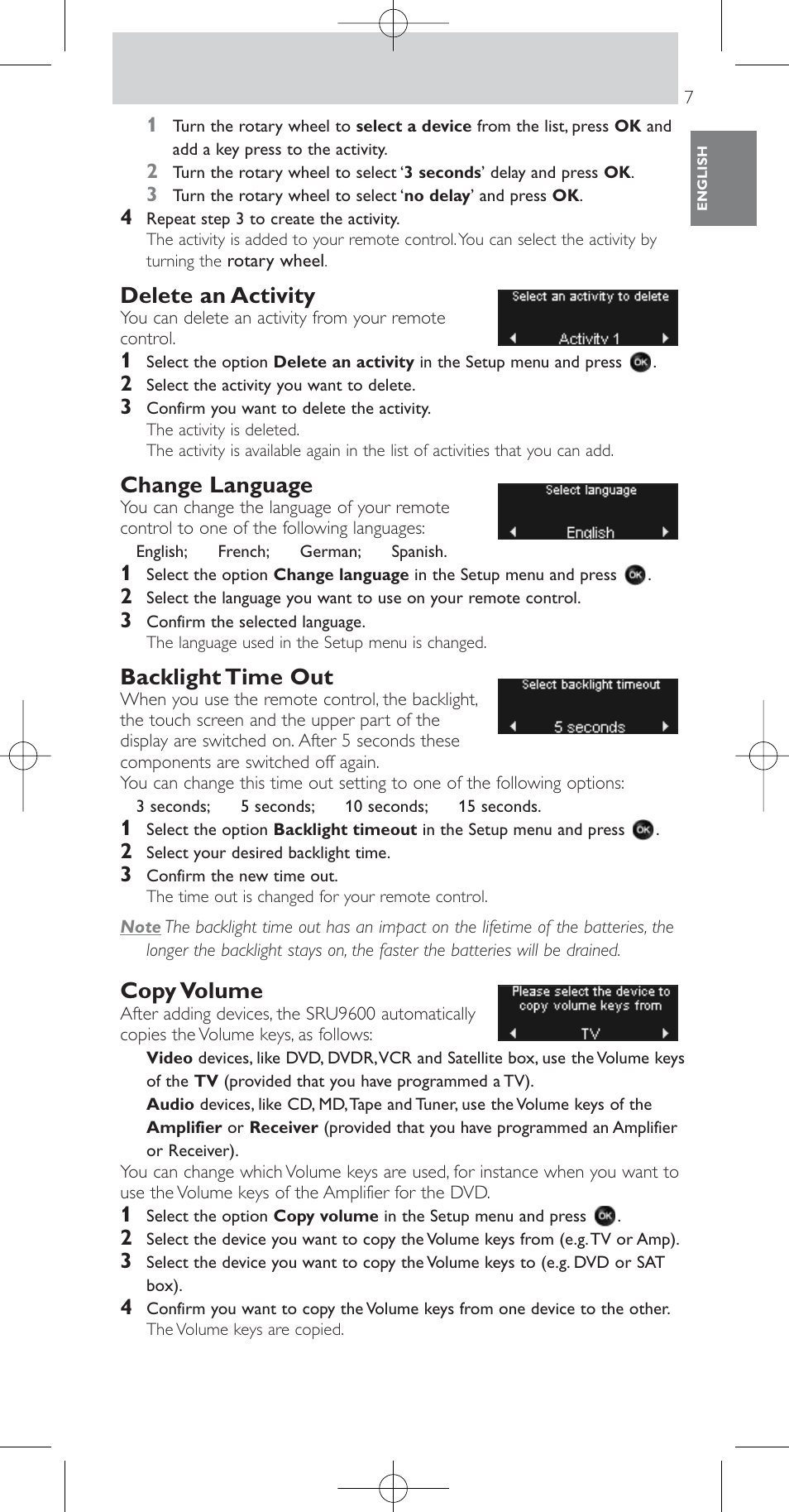 Delete an activity, Change language, Backlight time out | Copy volume | Philips Prestigo Mando a distancia universal User Manual | Page 7 / 84