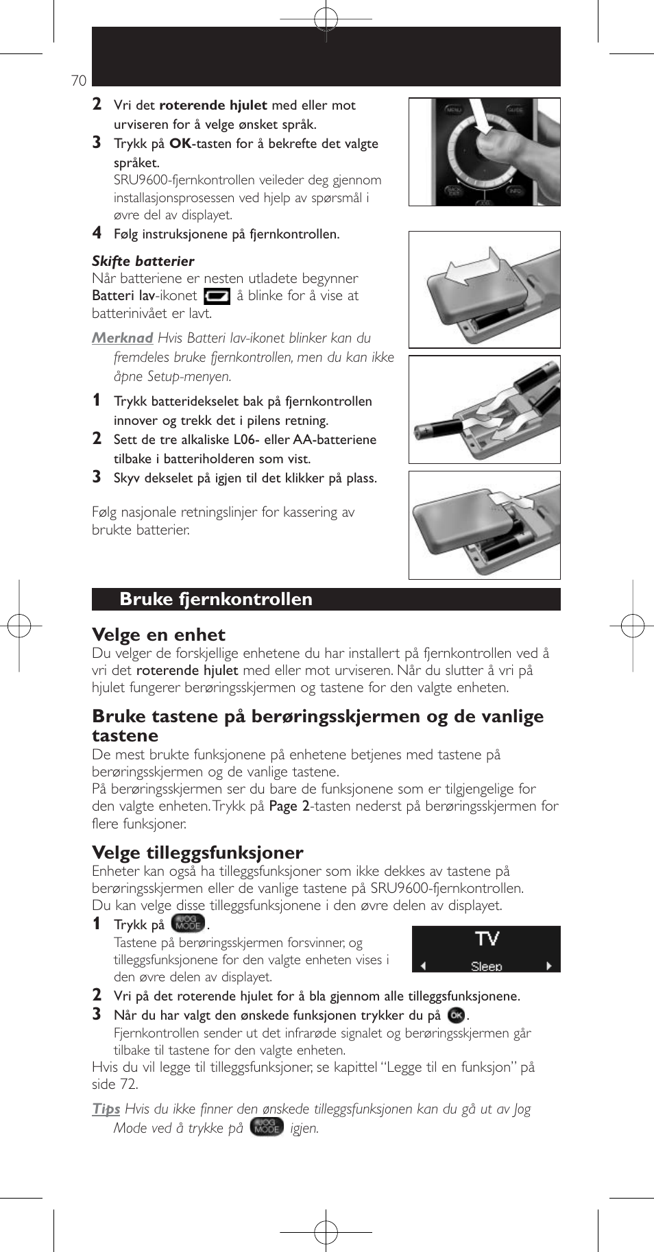 Bruke fjernkontrollen velge en enhet, Velge tilleggsfunksjoner | Philips Prestigo Mando a distancia universal User Manual | Page 70 / 84
