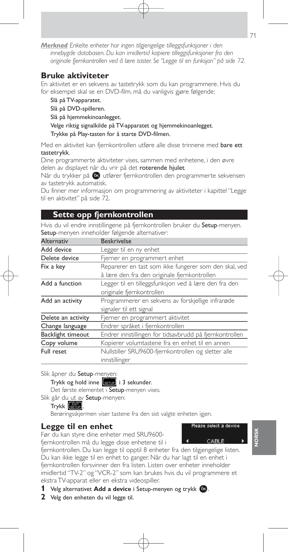 Bruke aktiviteter, Sette opp fjernkontrollen, Legge til en enhet | Philips Prestigo Mando a distancia universal User Manual | Page 71 / 84