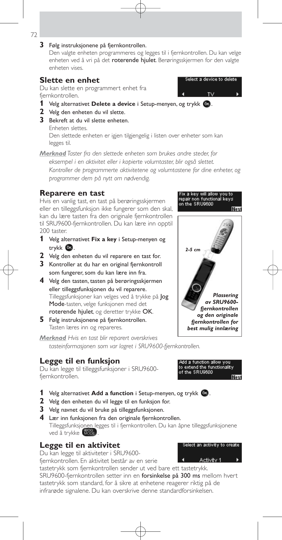 Slette en enhet, Reparere en tast, Legge til en funksjon | Legge til en aktivitet | Philips Prestigo Mando a distancia universal User Manual | Page 72 / 84