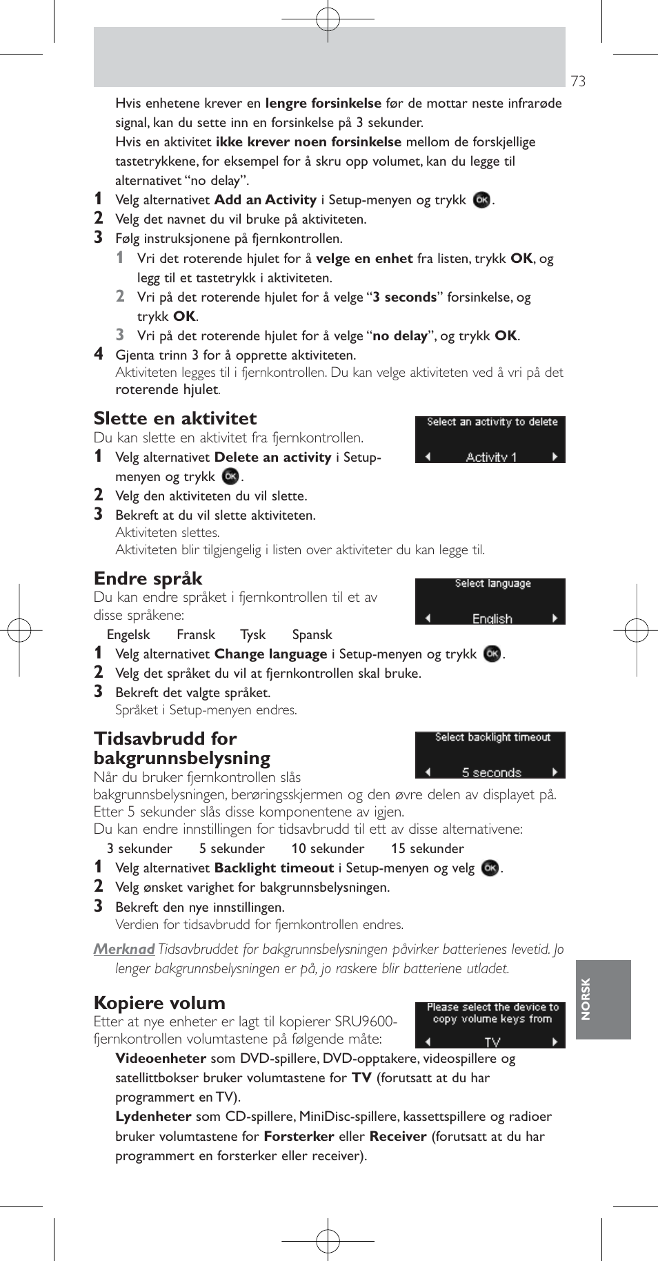 Slette en aktivitet, Endre språk, Tidsavbrudd for bakgrunnsbelysning | Kopiere volum | Philips Prestigo Mando a distancia universal User Manual | Page 73 / 84