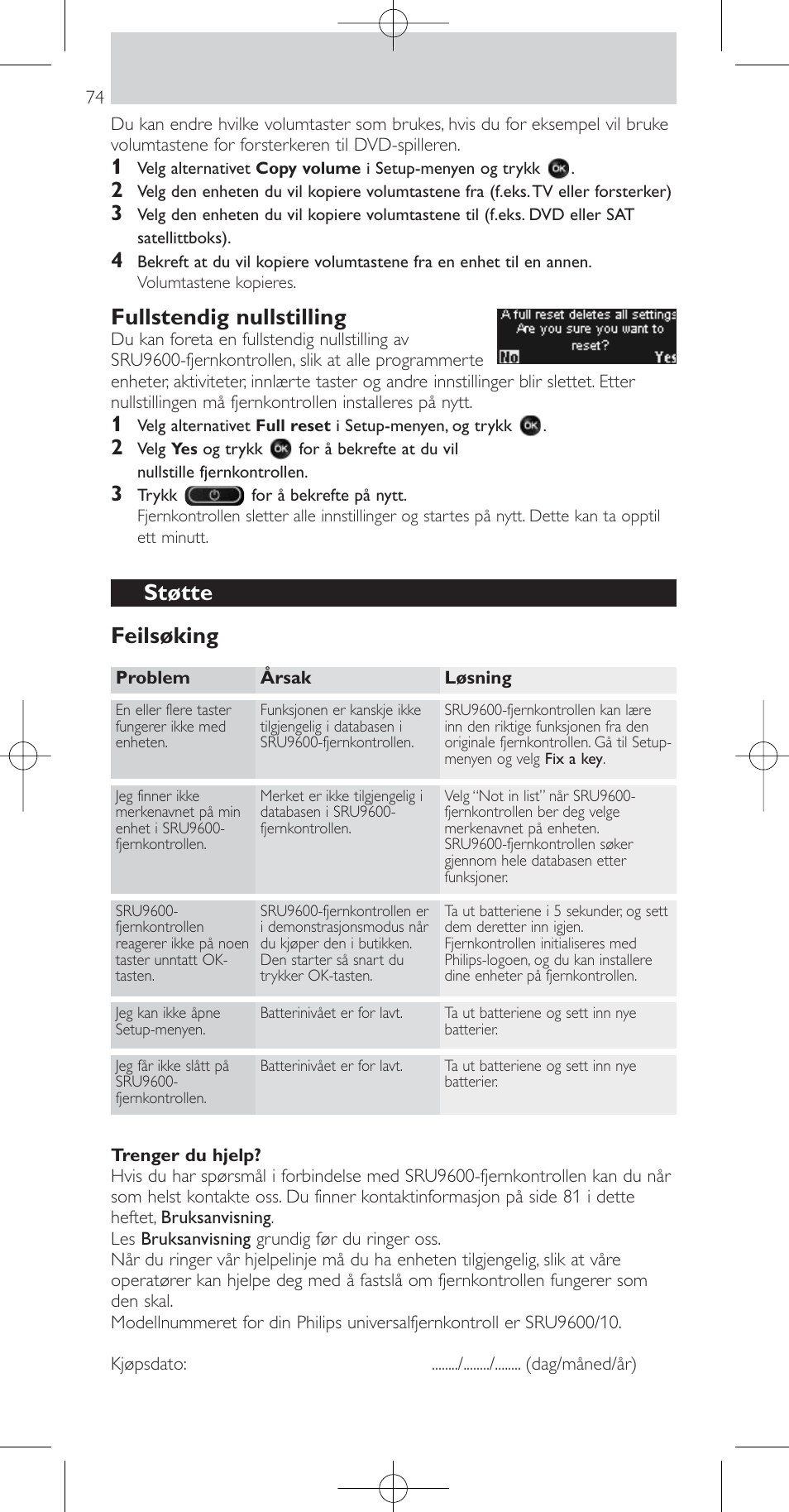 Fullstendig nullstilling, Støtte feilsøking | Philips Prestigo Mando a distancia universal User Manual | Page 74 / 84