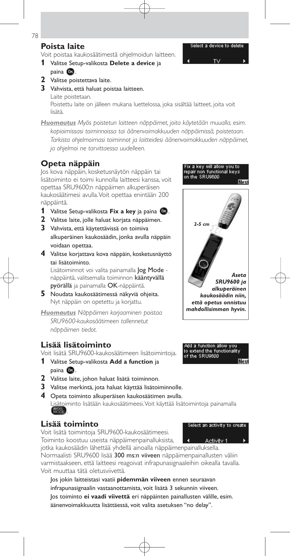 Poista laite, Opeta näppäin, Lisää lisätoiminto | Lisää toiminto | Philips Prestigo Mando a distancia universal User Manual | Page 78 / 84