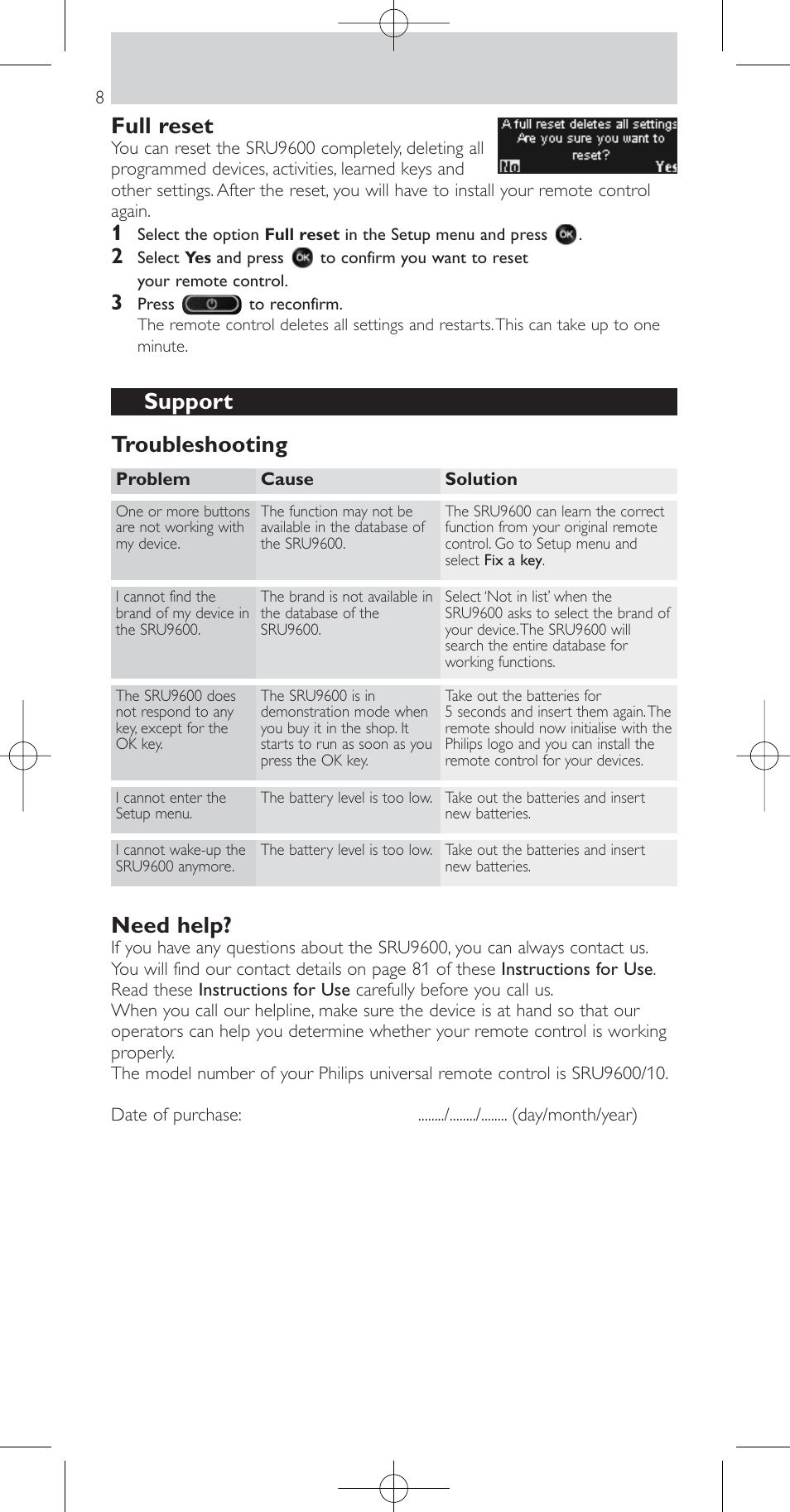 Full reset, Support troubleshooting, Need help | Philips Prestigo Mando a distancia universal User Manual | Page 8 / 84