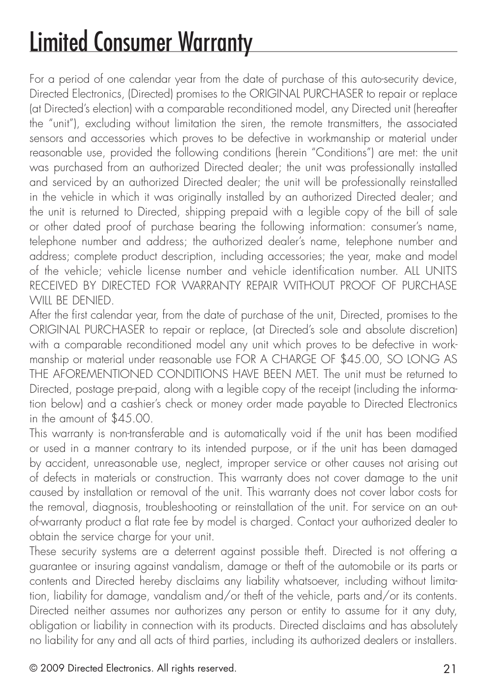 Limited consumer warranty | Avital 4113 User Manual | Page 21 / 24