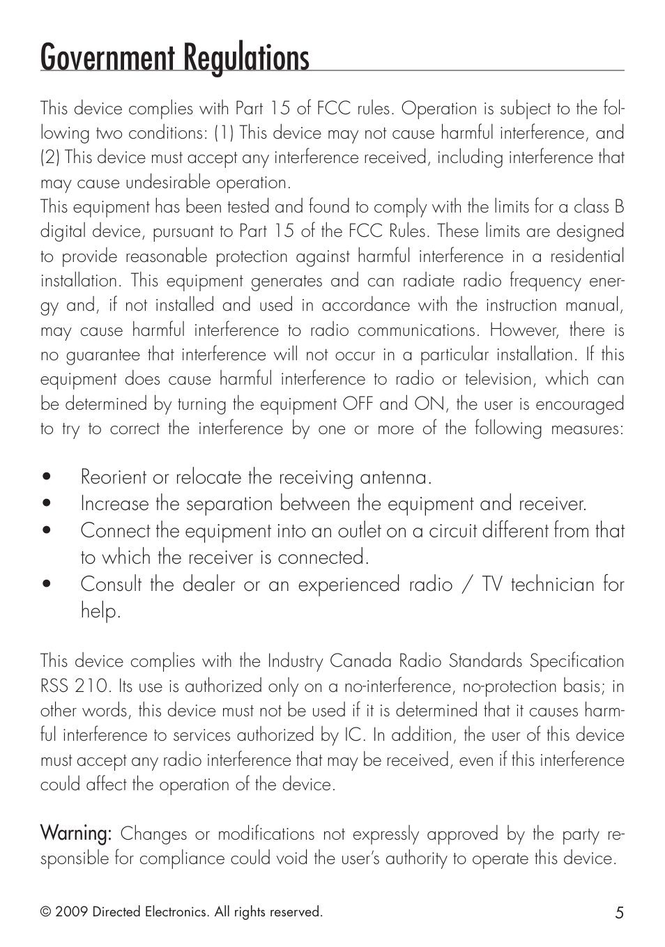 Government regulations | Avital 4113 User Manual | Page 5 / 24