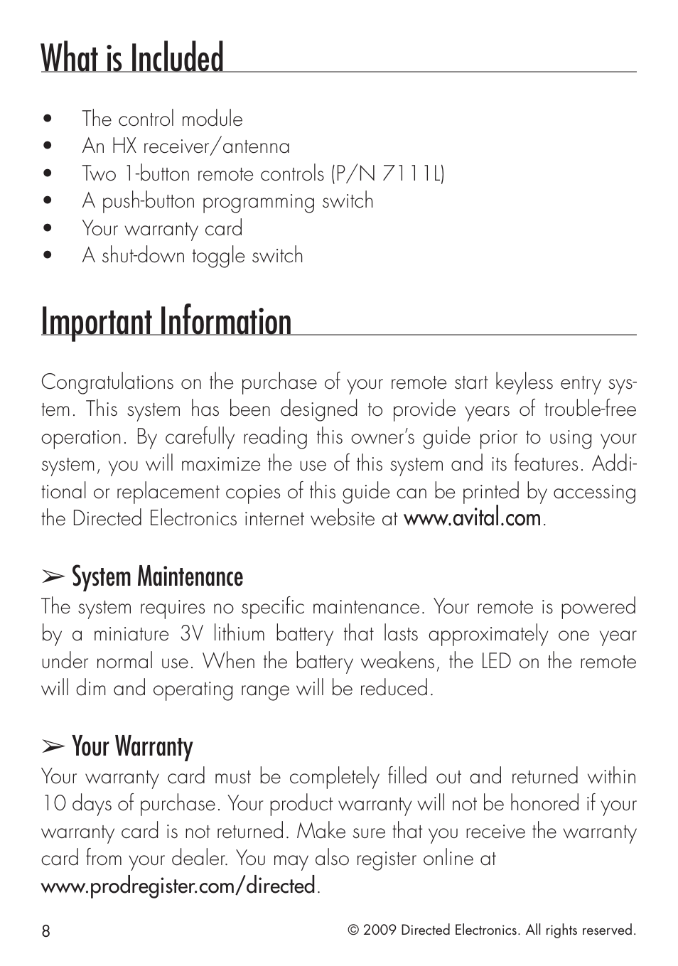 What is included, Important information, System maintenance | Your warranty | Avital 4113 User Manual | Page 8 / 24