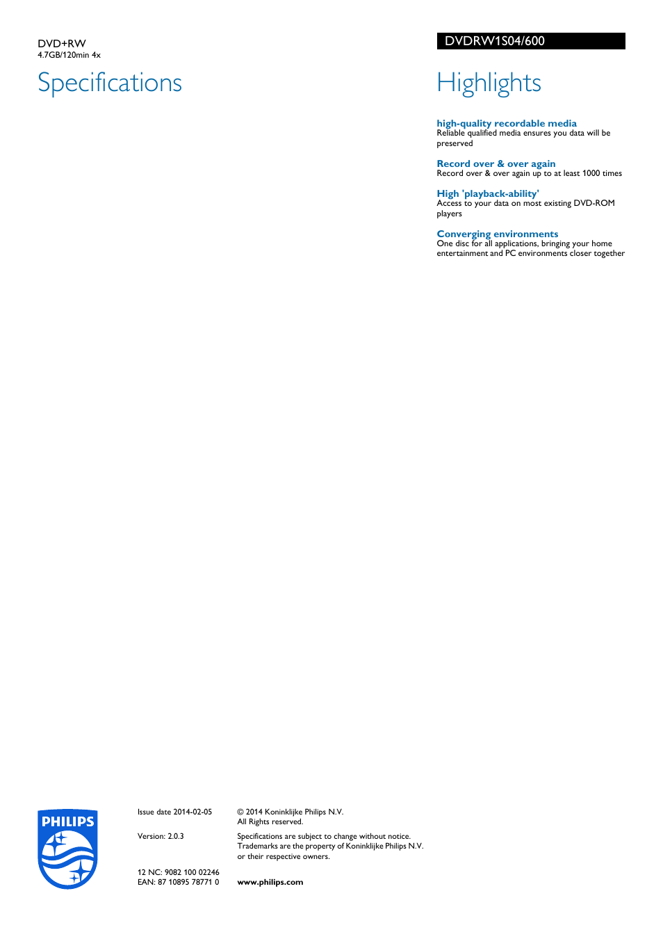 Specifications, Highlights | Philips DVD+RW User Manual | Page 2 / 2