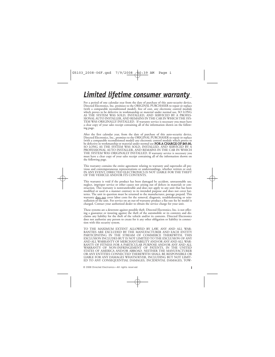 Limited lifetime consumer warranty | Avital G5103 User Manual | Page 2 / 43